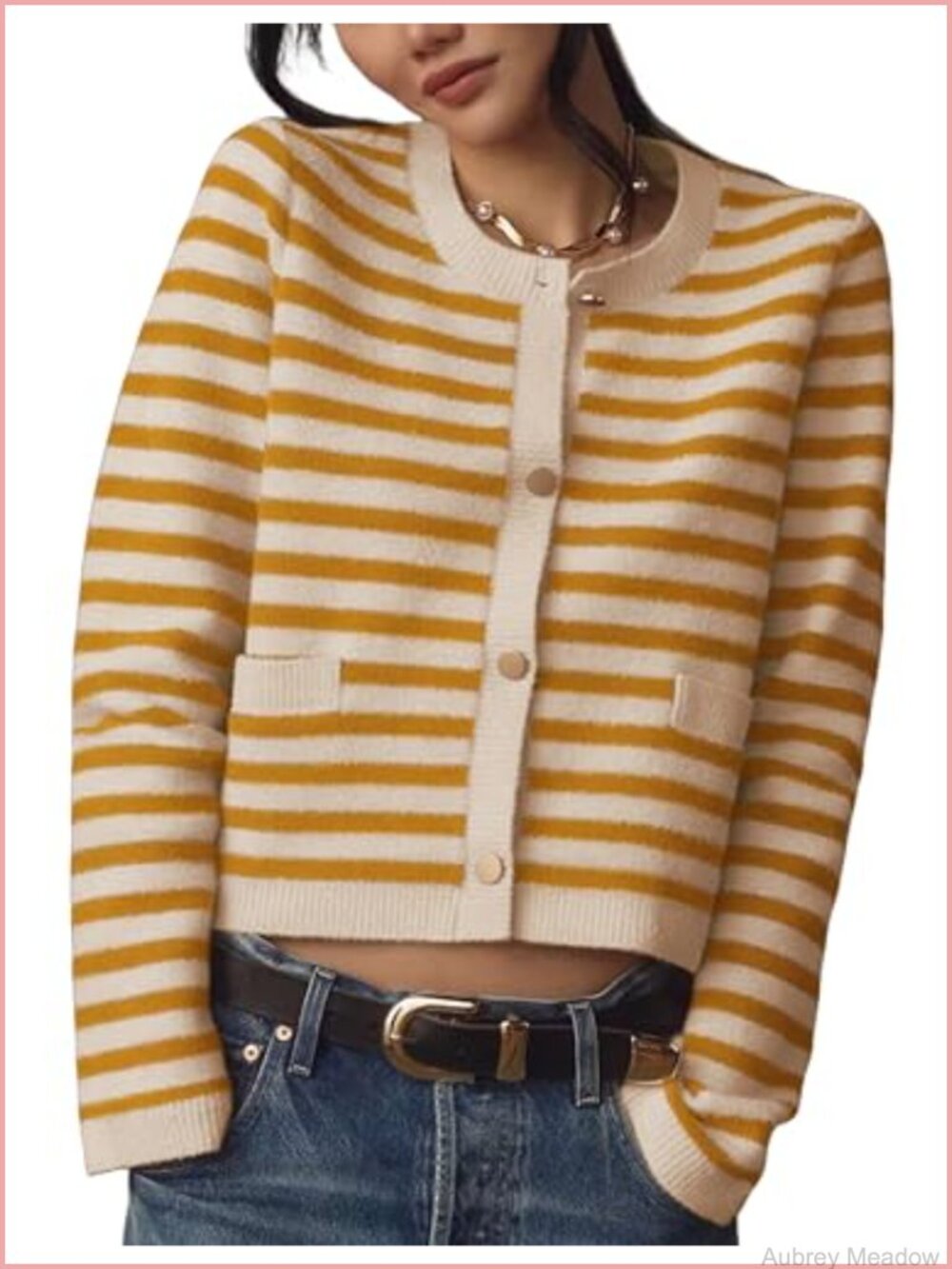 Lentta Striped Knit Cardigan Sweater Crew Neck Long Sleeve Button Front